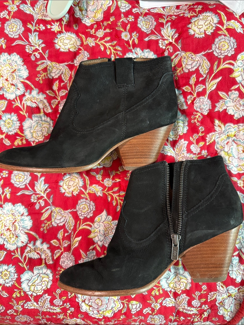 FRYE Black Suede Ankle Booties with Stacked Heel - Women